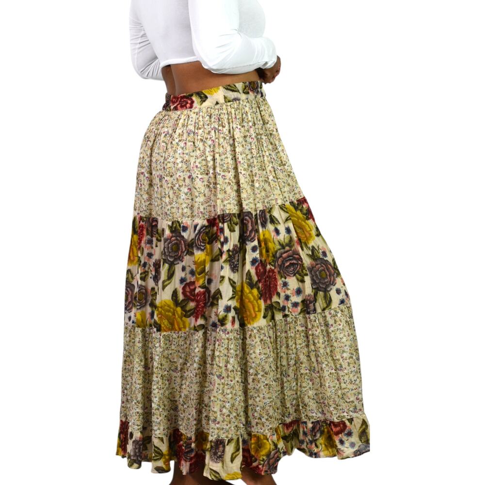 Vintage Tangibles Broomstick Skirt Tan Floral Tier Maxi Gauzy Rayon India Medium - Picture 10 of 16